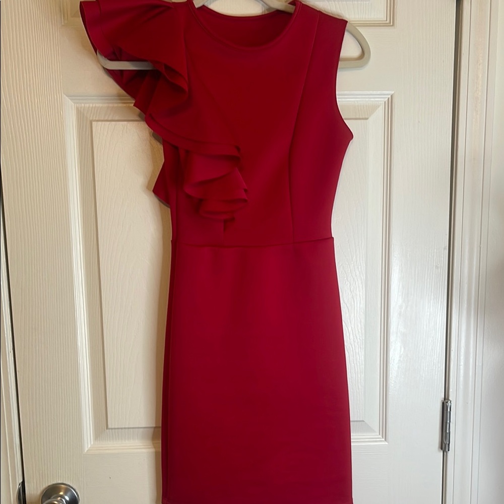 Chic Asymmetrical Red Dress with Ruffle Detail